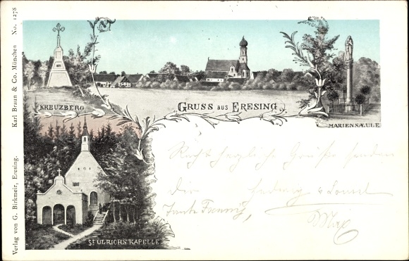 Postcard Eresing Upper Bavaria, St. Ulrich's Chapel, Kreuzberg, Marian Column