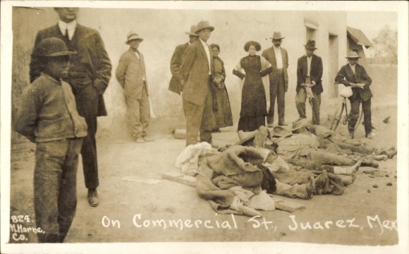 Photo Postcard Juarez Mexico, Commercial Street, executed men, Revolution 1911