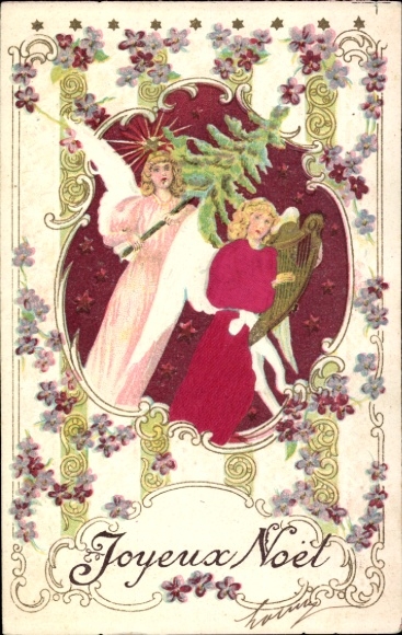 Materiaal Ak Gefeliciteerd Kerstmis, engel, bloemen