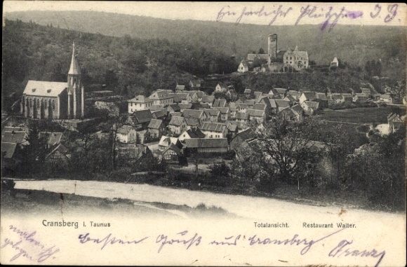 Postcard Kransberg Usingen in the Taunus Hesse, total view, Restaurant Walter, church