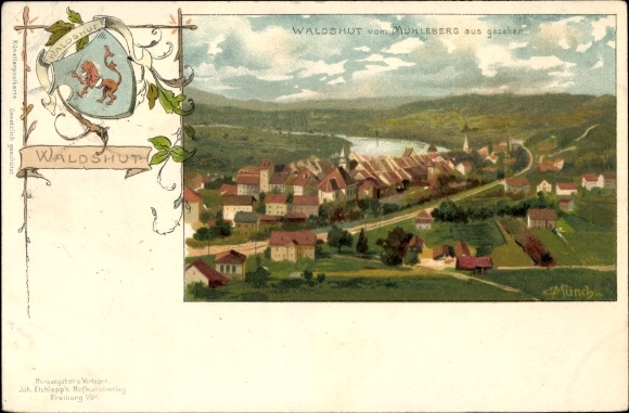 Artist Chromo-Litho Münch, C., Waldshut Tiengen am Hochrhein, panorama from Mühleberg, coat of arms