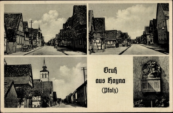 Ak Hayna Herxheim in der Pfalz, Kolonialwarenhandlung, Kriegerdenkmal, Ortsansichten