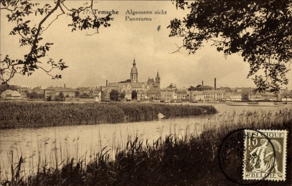 Ak Tamise Temse Temsche Oost-Vlaanderen, panoramisch uitzicht, rivier, gebouw, natuur