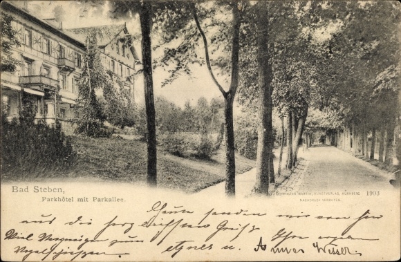 Postcard Bad Steben in Upper Franconia, Parkhotel with Parkallee