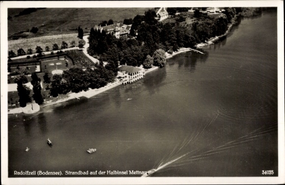 Postcard Radolfzell am Bodensee, aerial photograph, beach, Mettnau peninsula