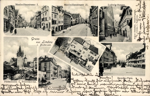 Ak Lindau am Bodensee, Maximilianstraße, Ludwigstraße, Diebsturm, Fischergasse, Paradisplatz