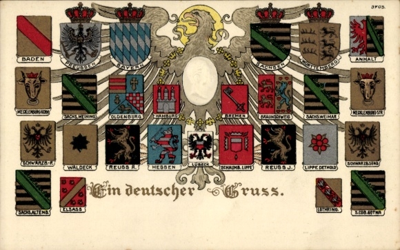 Embossed coat of arms Postcard A German greeting, Kaiser Wilhelm II., Anhalt, Saxony, Hamburg, Bavaria