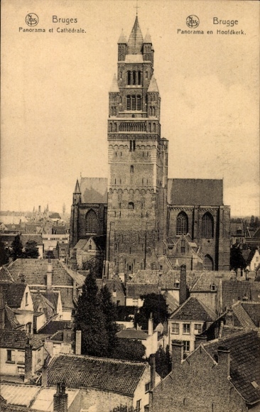 Ak Bruges Brügge Flandern Westflandern, Panorama von  Kathedrale, Häuserdachlandschaft