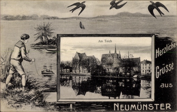 Passepartout Ak Neumünster in Holstein, Am Teich, Junge in Matrosenhemd, Modellboot