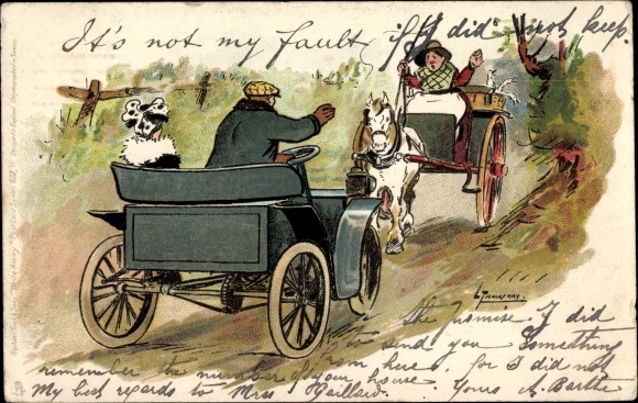 Artist Postcard Thackeray, Lance, carriage and car on a narrow road