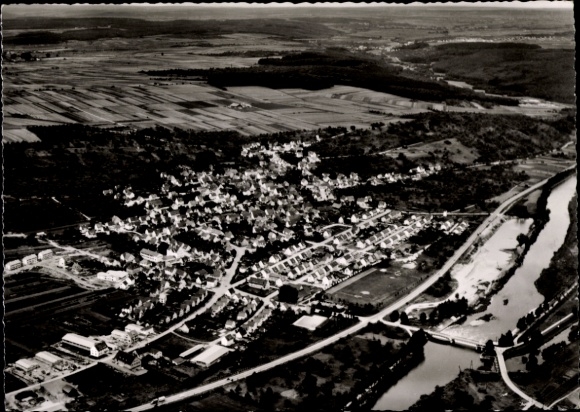 Postcard Deizisau am Neckar, aerial view of river, residential buildings, fields