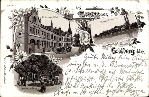 Chromo-Litho Goldberg in Mecklenburg, Brunnen Hotel, Dobbertin Monastery, Brunnen Allee