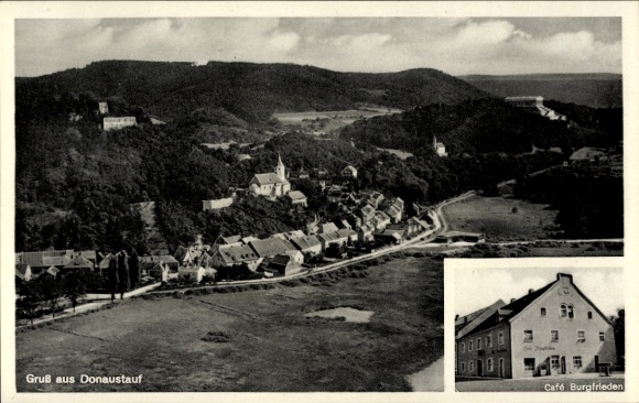 Postcard Donaustauf in the Upper Palatinate, aerial photograph, Cafe Burgfrieden