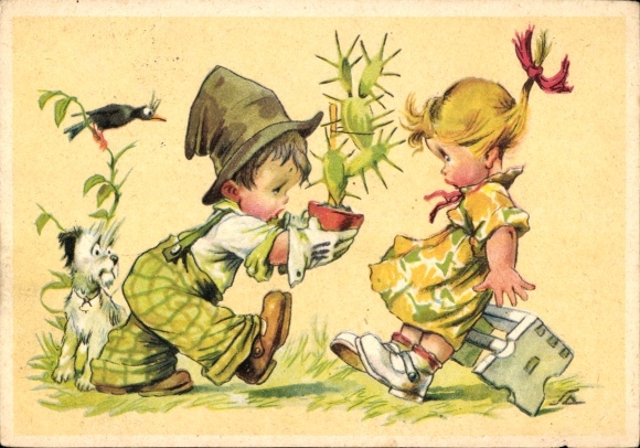 Artist Postcard Salac, AL, boy wants to give girl cactus, dog, raven