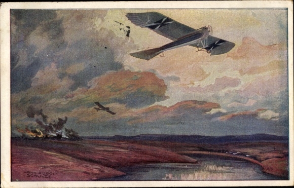 Künstler Ak Schulze, Hans Rudolf, Militärtaube auf Erkundungsflug bei den Masurischen Seen, I. WK
