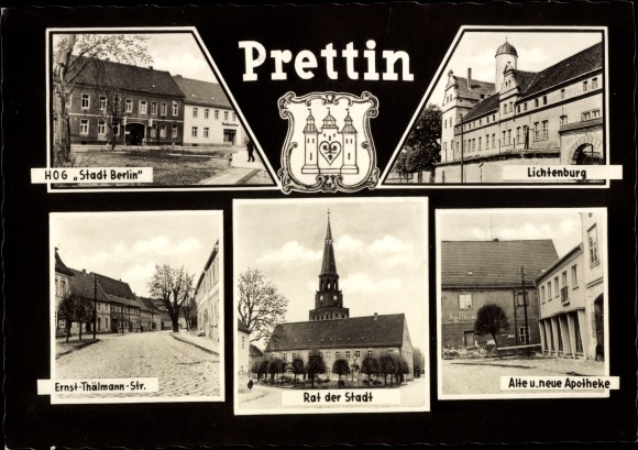 Postcard city of Prettin Annaburg district of Wittenberg, HOG city of Berlin, Lichtenburg, city council, pharmacy