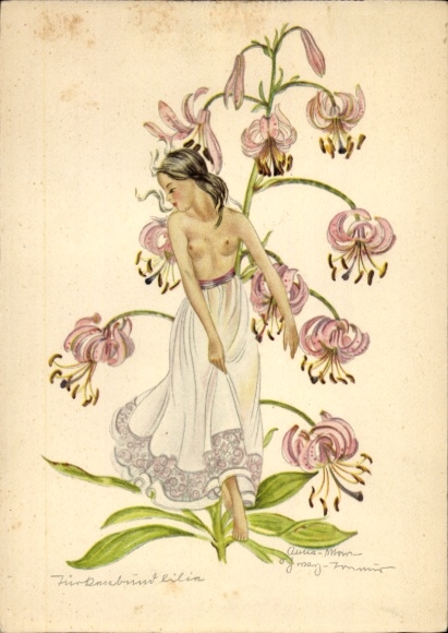 Artist Postcard Schwarz Torinus, Anna, Bare-breasted woman in front of a Turk's cap lily