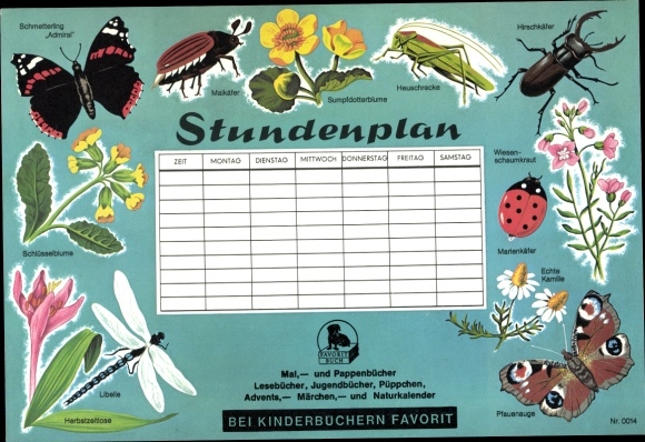 Timetable FAVORIT book, children&#39;s books, school books - insects, butterflies, beetles around 1960