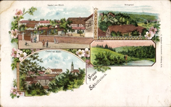 Chromo-Litho Schleifreisen in Thuringia, Gasthof zum Hirsch, Church