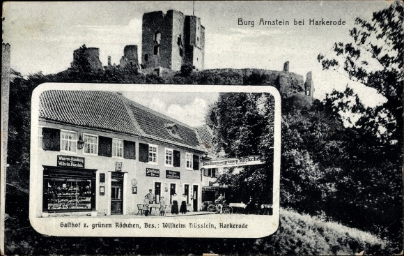Ak Harkerode Arnstein in de zuidelijke Harz, kasteel Arnstein, Gasthof zum Grüne Röckchen