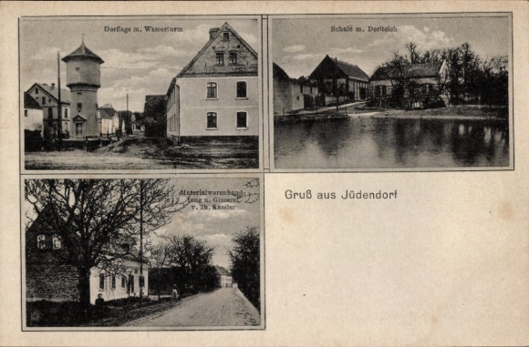 Ak Jüdendorf Steigra in de Saalekreis, watertoren, school, dorpsvijver, bomen, groeten uit Jüdendorf