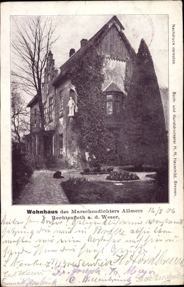 Postcard Rechtenfleth on the Weser Hagen in Bremen, home of the march poet Allmers