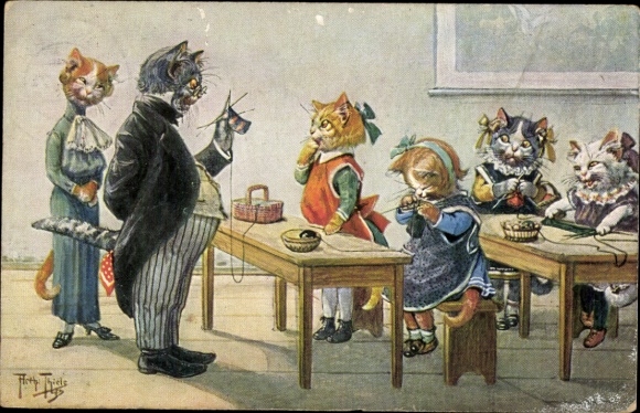 Artist Postcard Thiele, Arthur, Humanized cats knitting at school