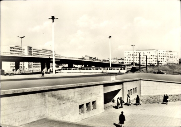 Postcard Halle an der Saale, modern square, high-rise buildings, traffic, people, black and white, photo