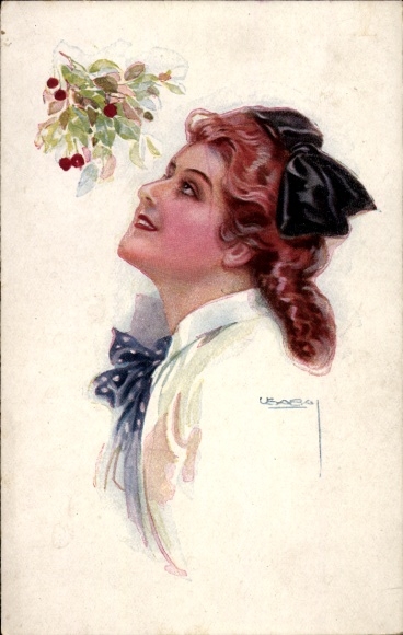 Künstler Ak Usabal, Luis, Portrait einer jungen Frau, Kirschen