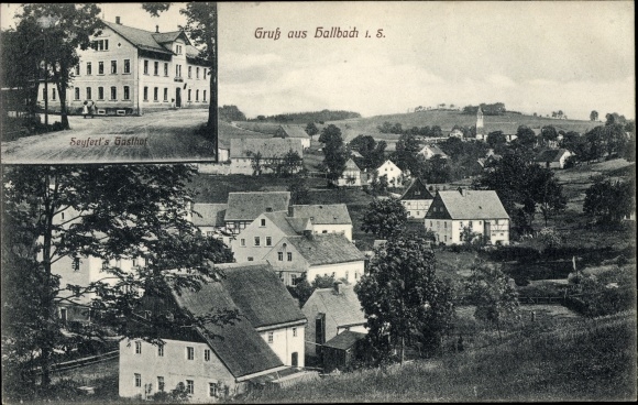Ak Hallbach Pfaffroda Erzgebirge Sachsen, Totalansicht vom Ort, Seyfet's Gasthof