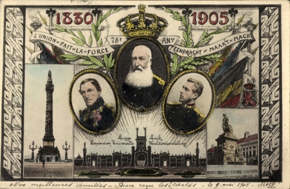Passepartout Postcard Nobility Belgium 1830 - 1905, Leopold I, Leopold II, Albert I, World Exhibition Liège