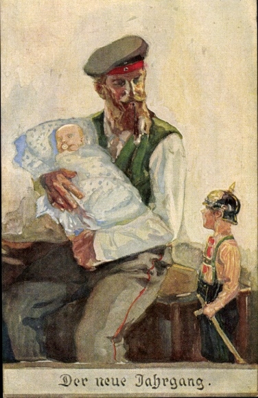 Postcard The new year, German soldier in uniform with baby, son in uniform