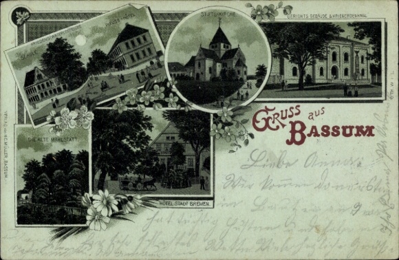 Moonlight litho Bassum in de wijk Diepholz, collegiale kerk, school, Pleuss Hotel, Hotel Stadt Bremen