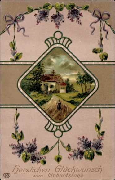 Embossed PC birthday greetings, house, lilac