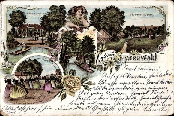 Lithokasteel in het Spreewald, Gasthof zur Bleiche, vrouwen in klederdracht, boerderij