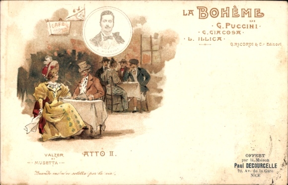 litho La Boeheme, Giacomo Puccini, Advertising, Delrieu Freres, Musique et Pianos, Nice