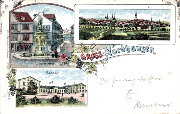 Litho Nordhausen am Harz, Gesamtansicht, Bahnhof, Lutherbrunnen