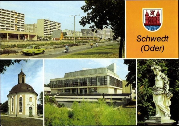 Postcard Schwedt an der Oder, Friedrich Engels Straße, Berlischky Pavilion, Kulturhaus, stone sculpture