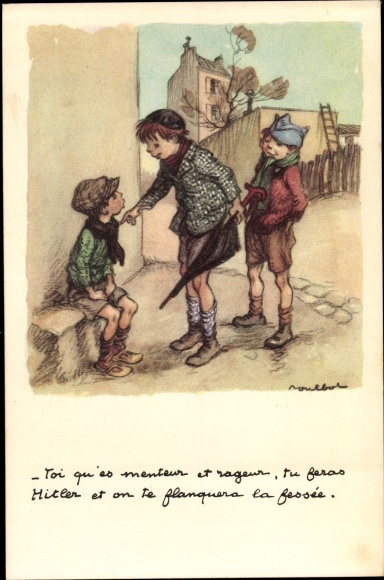 Artist PC Poulbot, children, boy with a black umbrella, Ligue national contre le taudis