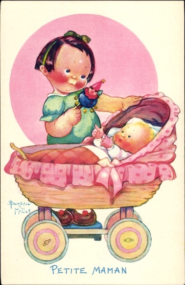 Artist Postcard Mallet, Beatrice, Petite Maman, girl with rattle, baby, stroller