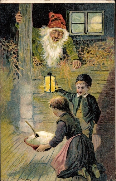 Artist PC Nyström, Jenny, children put plates with porridge in the barn