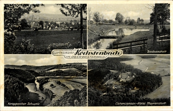 Postcard Höchstenbach in the Westerwald, panorama, bathing establishment, Kroppacher Schweiz, Cistercian Abbey