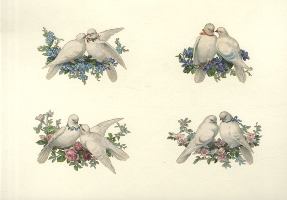 4 wafers pair of doves on flower tendrils, size approx. 6 x 9 cm each