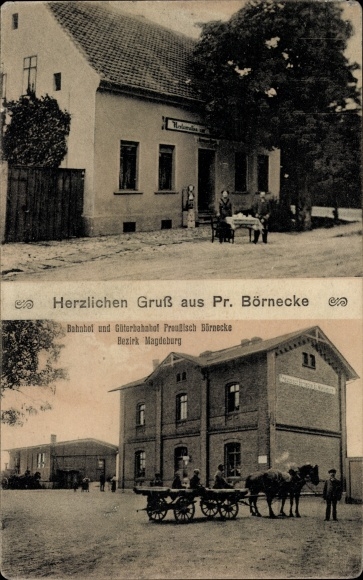 Postcard Prussian Börnecke Groß Börnecke Hecklingen Salzlandkreis, railway station, goods station, inn