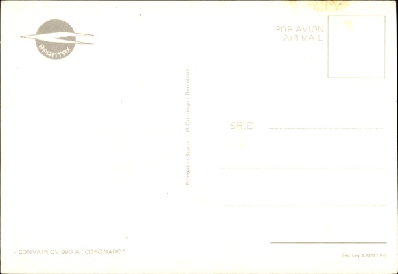 Postcard Spanish passenger aircraft of Spantax, Convair CV 990 A Coronado