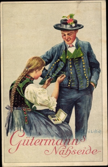 Artist PC Liebich, Gütermann&#39;s sewing silk, advertisement, man and woman in costumes
