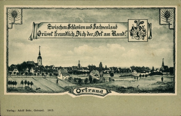 Postcard Ortrand in Lower Lusatia, landscape, church, houses, text: Between Silesia and Saxony
