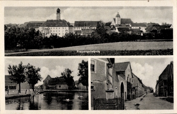Postcard Frauenprießnitz in Thuringia, view of the town, street view, pond
