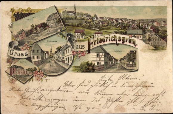 Chromo-Litho Friedrichsgrün Reinsdorf in Saxony, Kirchstrasse, Schulstrasse, market square