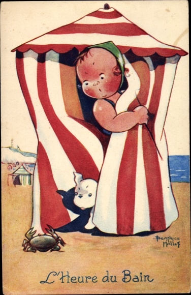 Künstler Ak Beatrice, M., L'Heure du Bain, Strand, Krebs, Umkleideraum